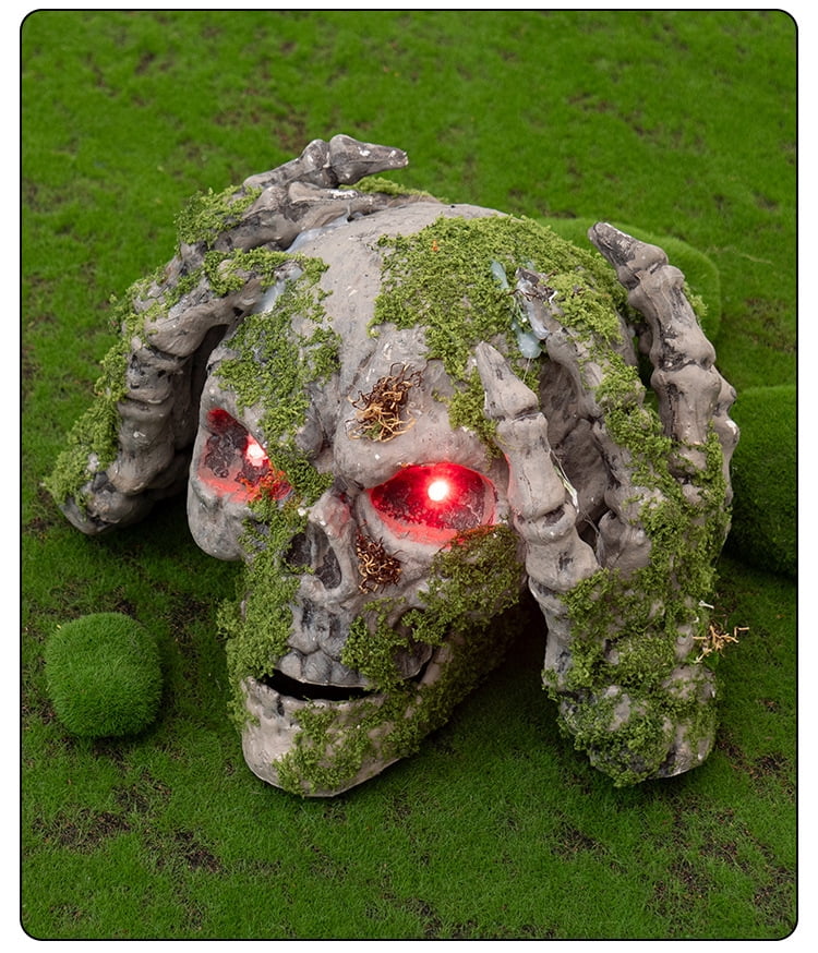 A Moss-covered Skull Decoration,Gothic Skeleton with Lighted Eyes,Lawn Yard Haunted House Graveyard Skeleton Decor,Realistic Skeleton Decor
