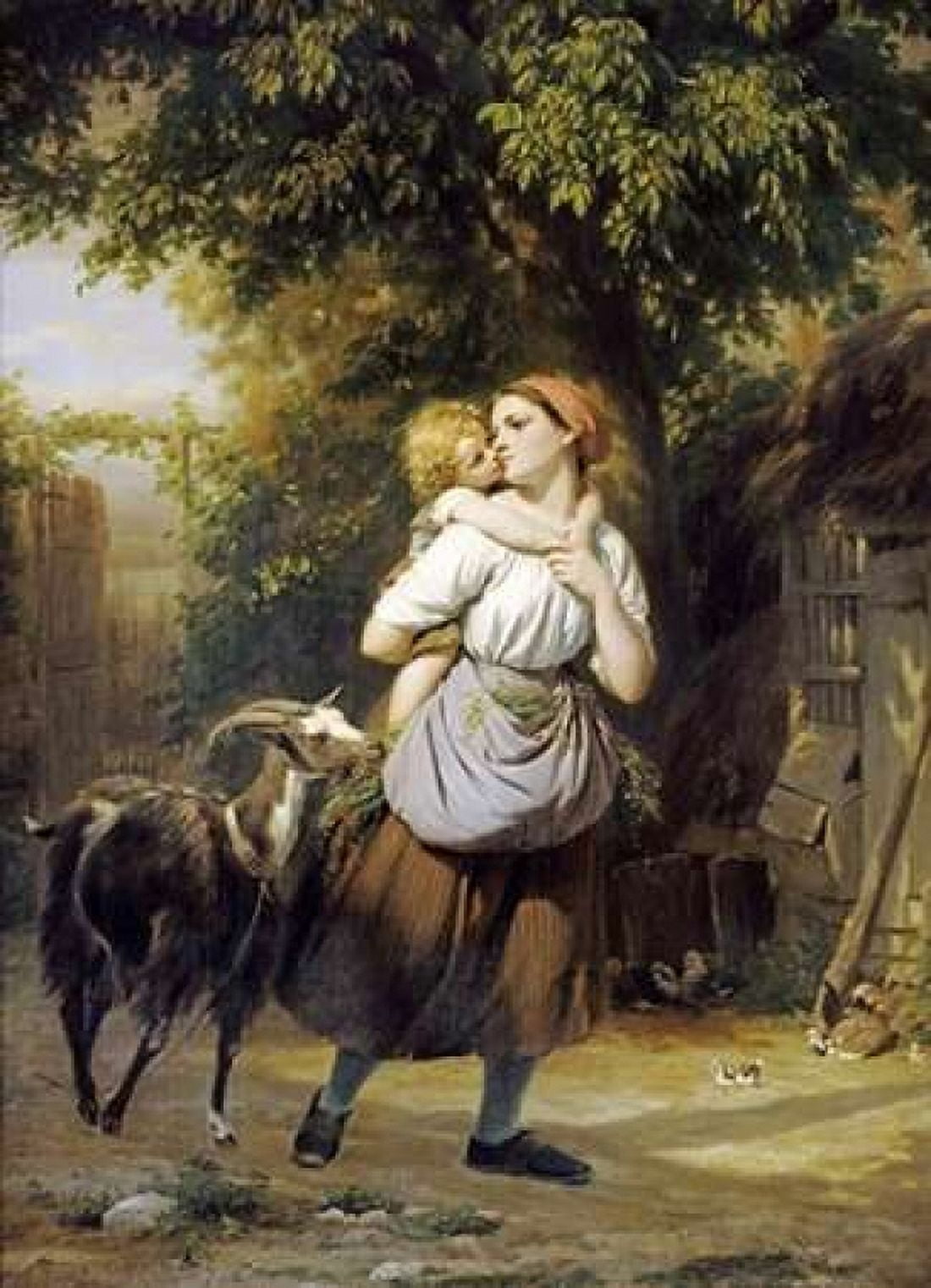 A Mother and Child With a Goat on a Path Canvas Art - Fritz Zuber-Buhler (20 x 28)
