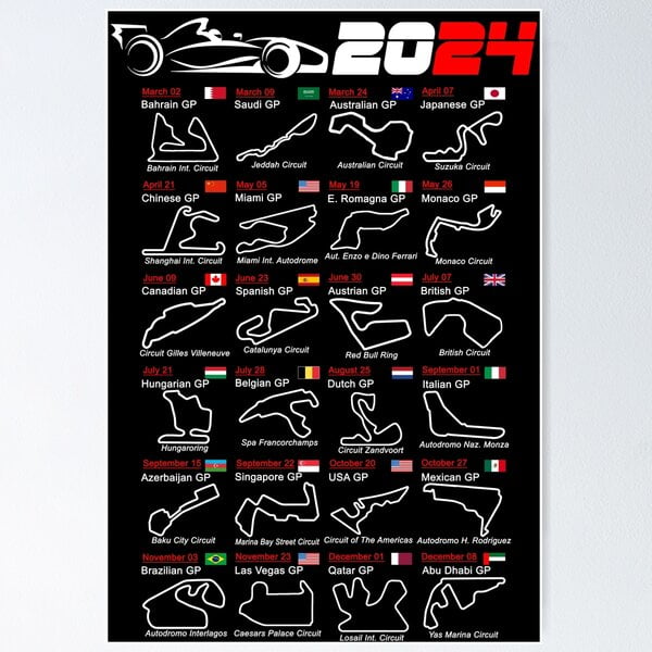 A NEW Calendar Formula race cars 2024 named circuits Poster