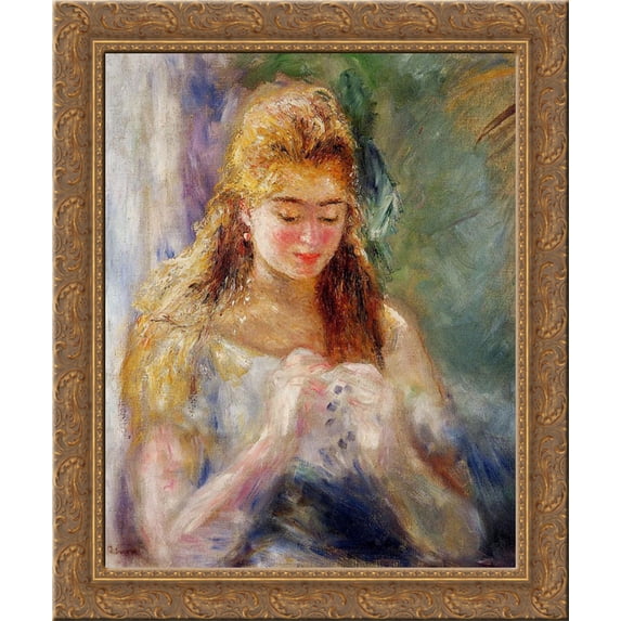 A Needlewoman 20x24 Gold Ornate Wood Framed Canvas Art by Renoir, Pierre Auguste