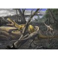 thumbnail image 1 of A Neovenator salerii is approached by Eotyrannus lengi dinosaurs Poster Print, 1 of 2