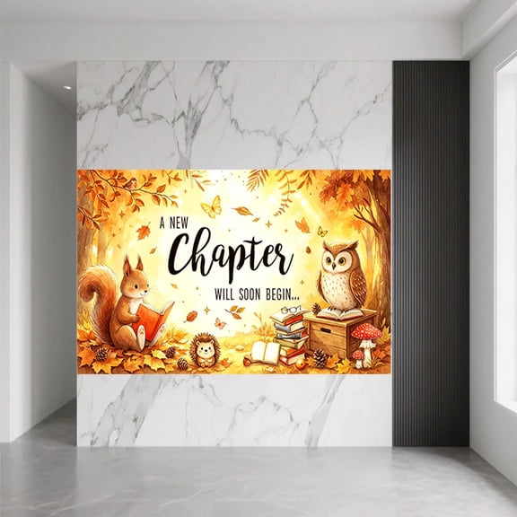 A New Chapter Will Soon Begin Backdrop Golden Autumn Forest Storybook Newborn Banner Fall Animal Theme Baby Shower Party Photography Background