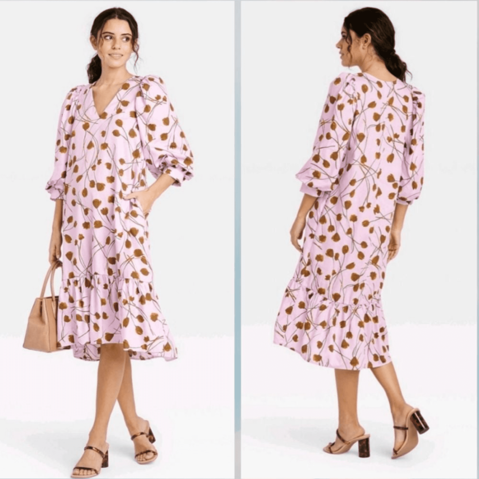 A New Day Women s Floral Printed 3 4 Sleeve Ruffle Hem Dress