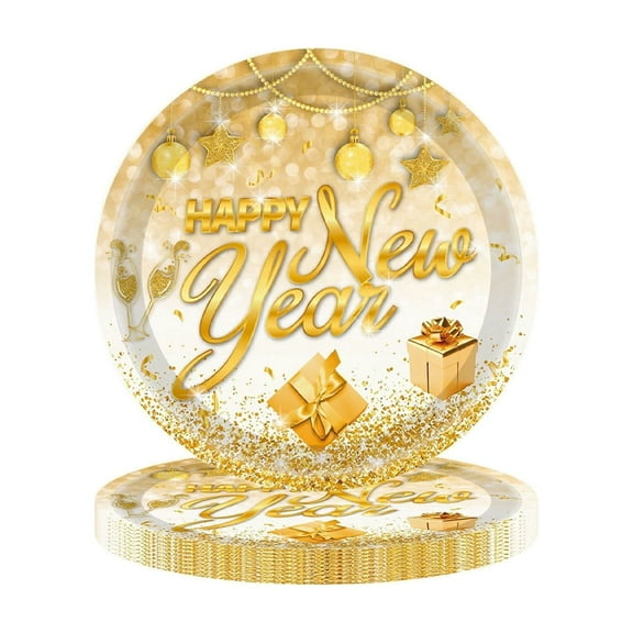 A New Year Party Tableware Disposable Paper Plates Set White And Gold Happy New Year Theme 7 Inch Plates 18X18Cm 7.09X7.09 Inches