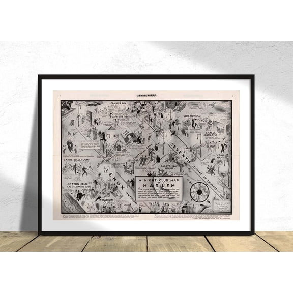 A Night Club Map Of Harlem Manhattan New York 1932 Vintage Poster Wall Decor Retro Art Nouveau Historical Map, Unframed Canvas 24x36in