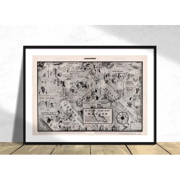 A Night Club Map Of Harlem Manhattan New York 1932 Vintage Wall Decor Retro Art Nouveau Historical Map