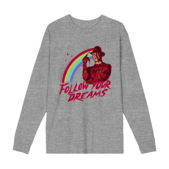A Nightmare On Elm Street Follow Your Dreams Adult Heather Gray Crew Neck Long Sleeve Tee-Small