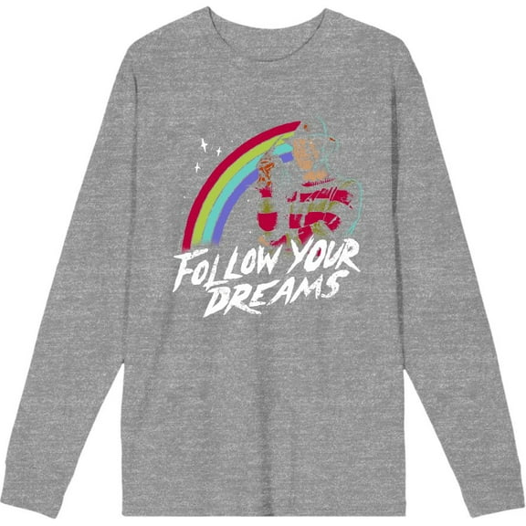 A Nightmare On Elm Street Follow Your Dreams Adult Heather Gray Crew Neck Long Sleeve Tee-XL