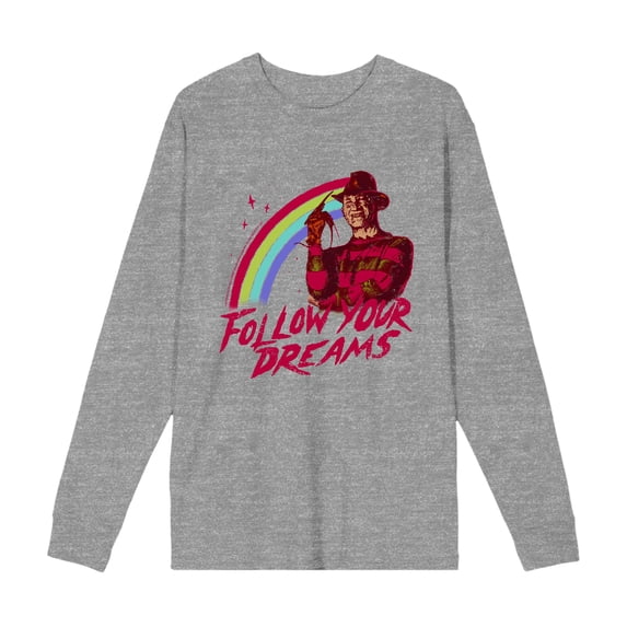 A Nightmare On Elm Street Follow Your Dreams Adult Heather Gray Crew Neck Long Sleeve Tee-XXL