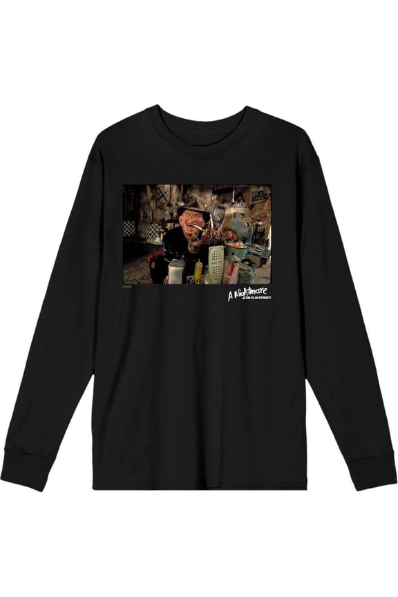 A Nightmare On Elm Street Freddy Smoking Adult Black Crew Neck Long Sleeve Tee-Medium