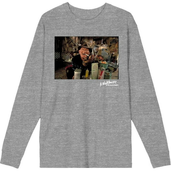 A Nightmare On Elm Street Freddy Smoking Adult Heather Gray Crew Neck Long Sleeve Tee-XL