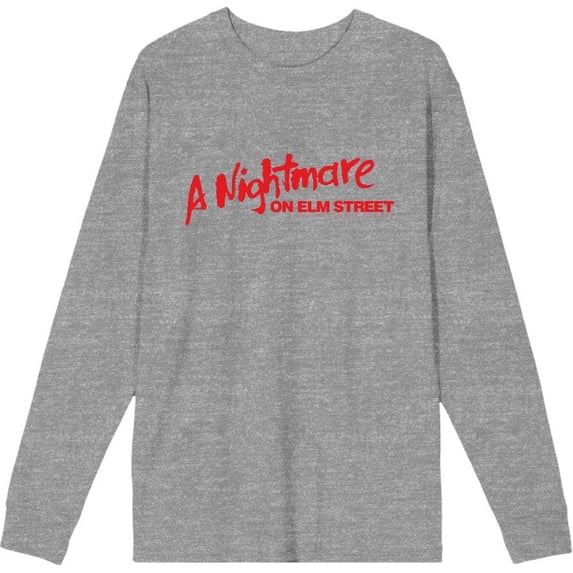 A Nightmare On Elm Street Logo Adult Heather Gray Crew Neck Long Sleeve Tee-Large