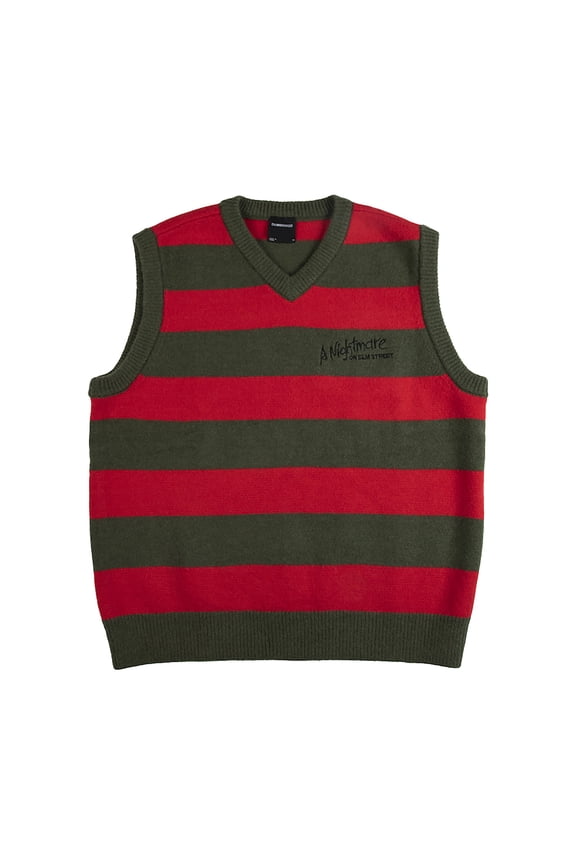 A Nightmare On Elm Street Logo Sleeveless Red & Green Striped Adult Sweater Vest-Large