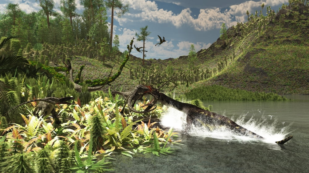 A Nothosaurus catches an unware Ceolophysis Canvas Art - Arthur DoretyStocktrek Images (38 x 22)