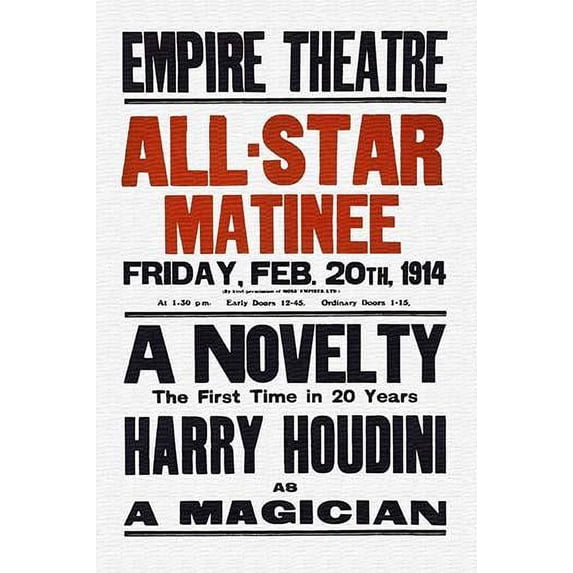 A Novelty, the first in 20 years, Harry Houdini as a magician- Fine Art Canvas Print (20" x 30")