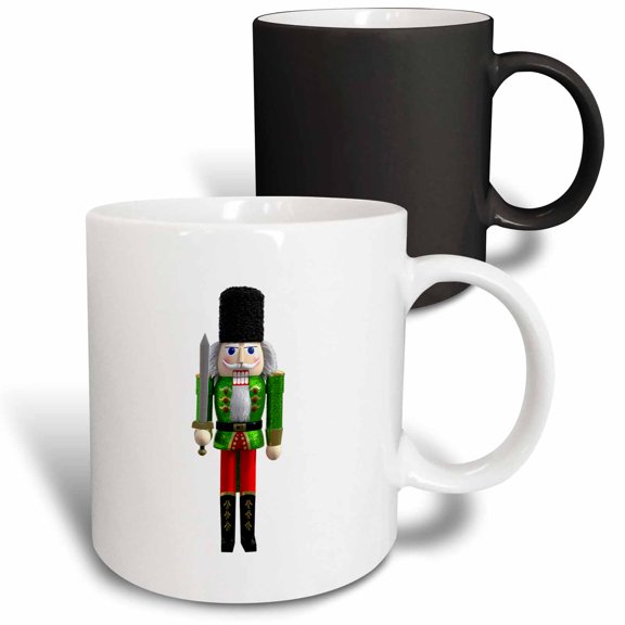 3drose, a Nutcracker in Green and Red with a Sword and Bear Skin Hat, 11oz Magic Transforming Mug