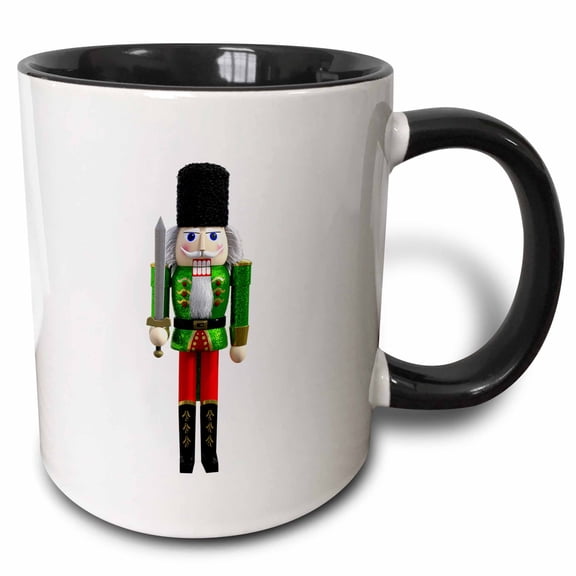 3drose, a Nutcracker in Green and Red with a Sword and Bear Skin Hat, 15oz Two-tone Black Mug
