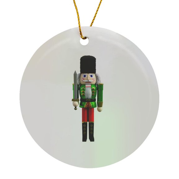 3drose, a Nutcracker in Green and Red with a Sword and Bear Skin Hat, Circle Porcelain Ornament