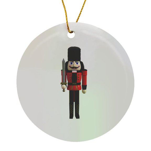 3drose, a Nutcracker in Red and Blue with a Sword and Bear Skin Hat, Circle Porcelain Ornament