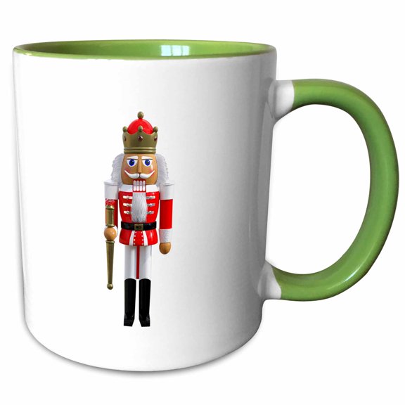 3drose, a Nutcracker in Red and White with a Wand and Crown, 15oz Two-tone Green Mug