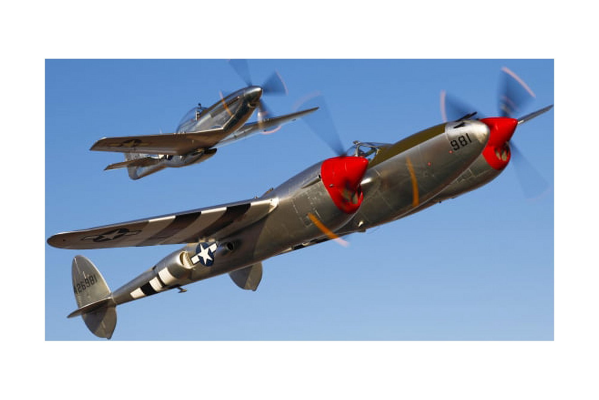 A P-38 Lightning and P-51D Mustang in flight Canvas Art - Scott GermainStocktrek Images (35 x 23)