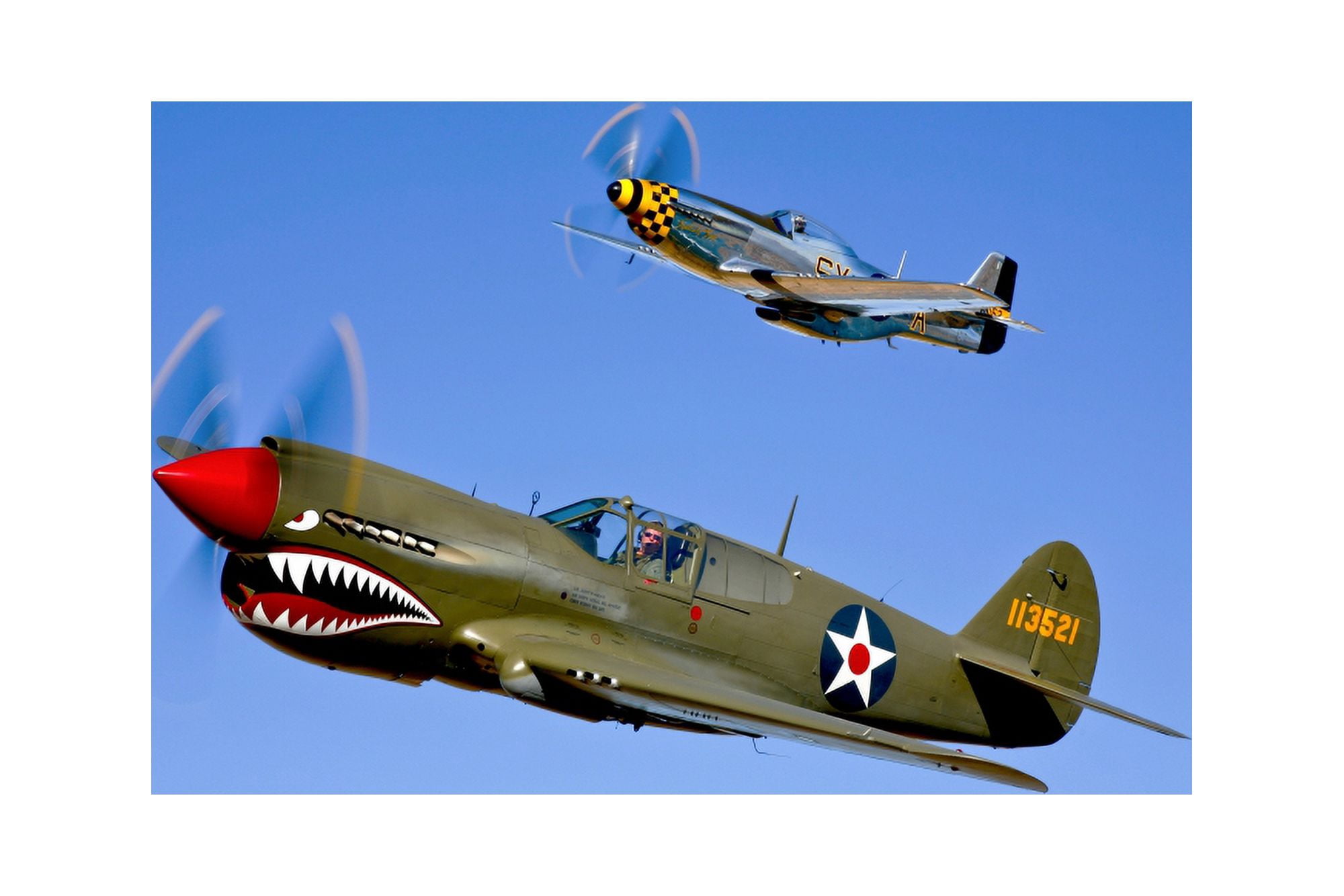 A P-40E Warhawk and a P-51D Mustang Kimberly Kaye in flight Canvas Art - Scott GermainStocktrek Images (35 x 23)