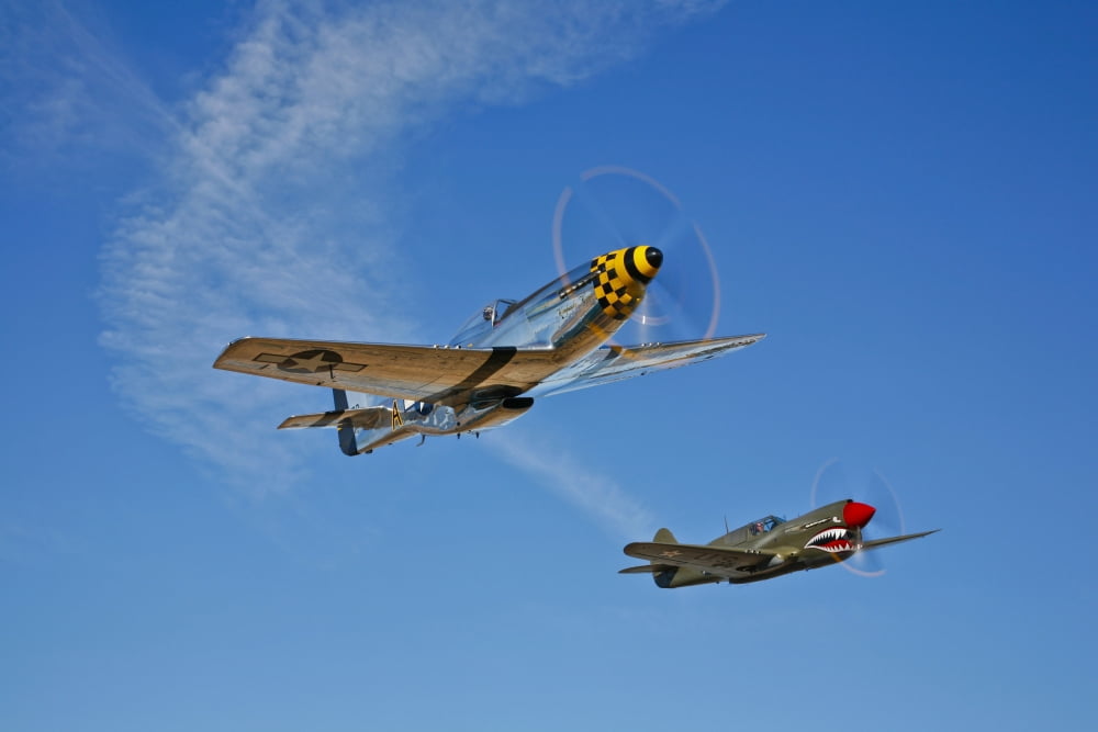 A P-51D Mustang Kimberly Kaye and a P-40E Warhawk in flight Canvas Art - Scott GermainStocktrek Images (18 x 12)