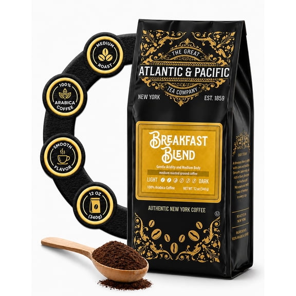 A&P Breakfast Blend Medium Roast Ground Coffee, 12 oz, 1 Pack, 100% Arabica, Smooth & Aromatic Flavor