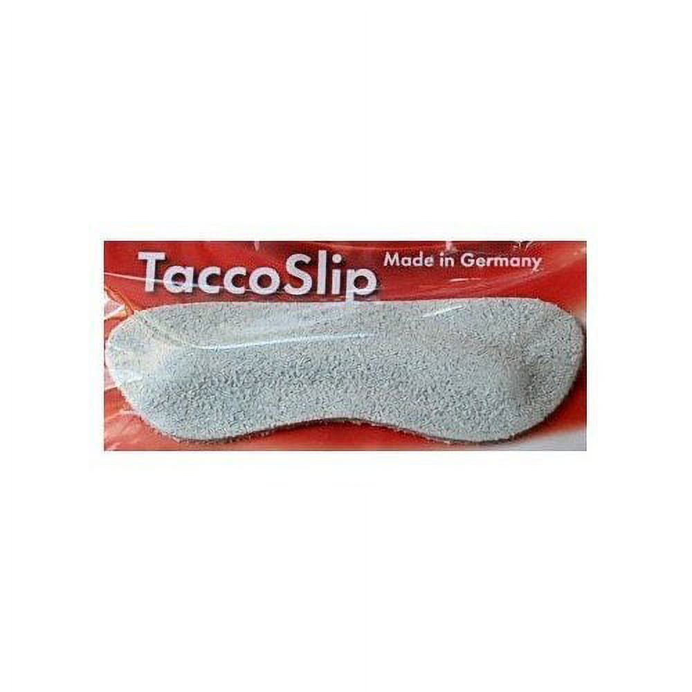 A PAIR OF TACCOSLIP TACCO SLIP FOOTCARE HEEL PROTECTORS. HEEL GRIPS HEEL GRIP SMOOTH AS VELVET. LIGHT GRAY COLOR. SUEDE LIKE TEXTURE. STOPS HEELS FROM