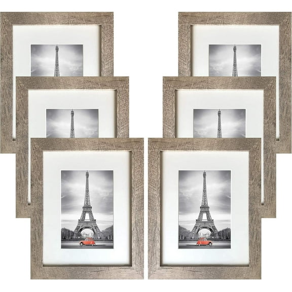 A PLUS MAX Rustic Oak Wood Grain Picture Frame, 2MM Reinforced Glass (Light Oak, 8x10 with 5x7 Opening), Horizontal or Vertical Display, Pack of 6