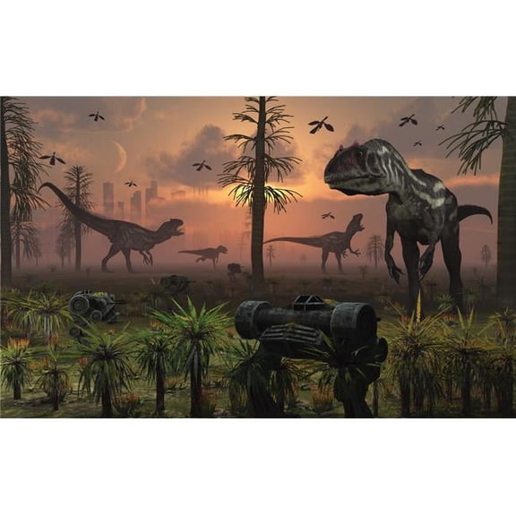 A Pack of Carnivorous Allosaurus Dinosaurs Cause Chaos After They Have Escaped From A Futuristic Dinosaur Theme Park Poster Print, 17 x 11