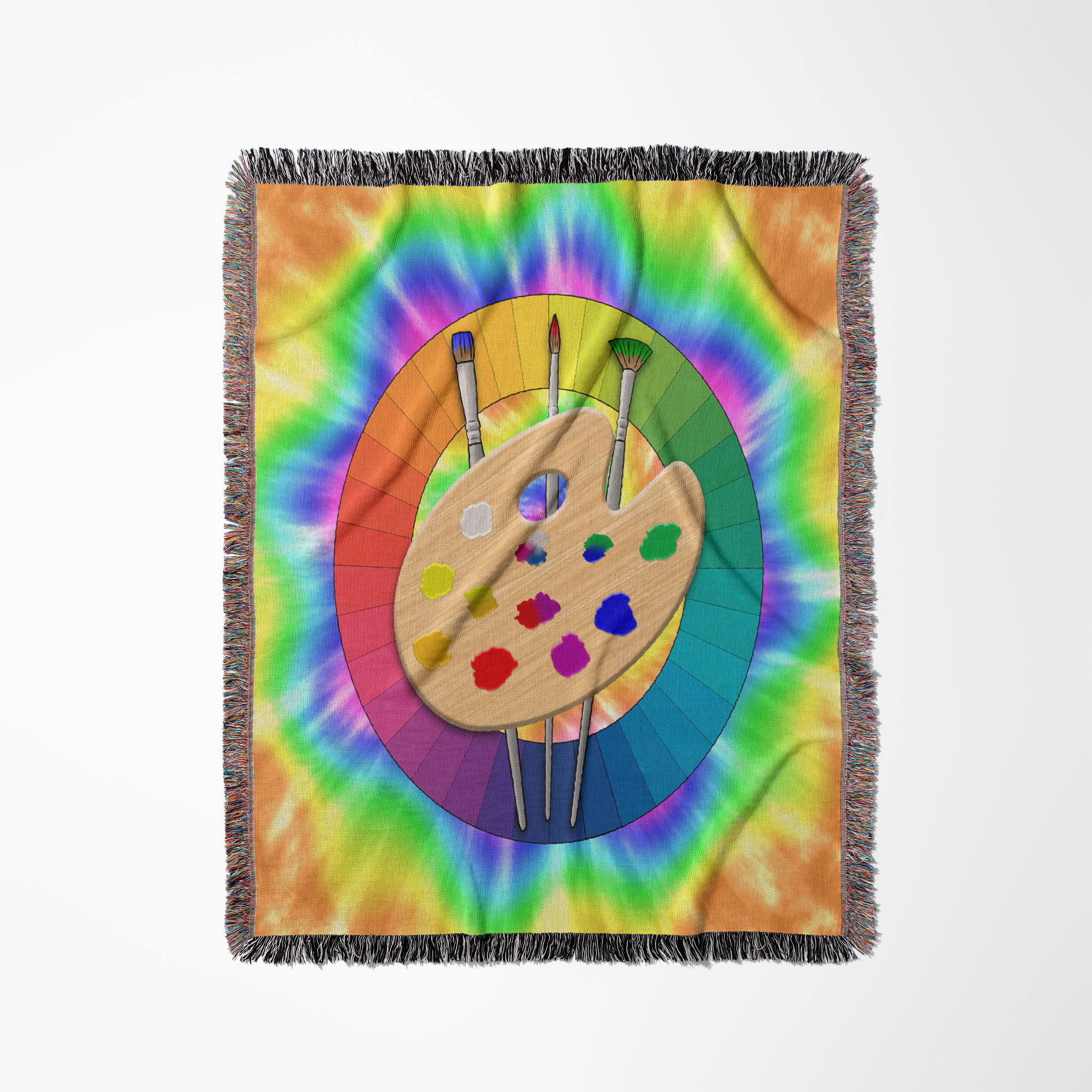 A Paint Palette With Brushes And An Artist Color Wheel Over Tie Dye., Woven Blanket