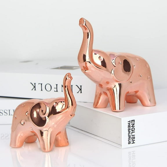 A Pair Elephant Statue Home Decor,Sculpture for Office Desktop Bookshelf (Ceramics Rose Gold)