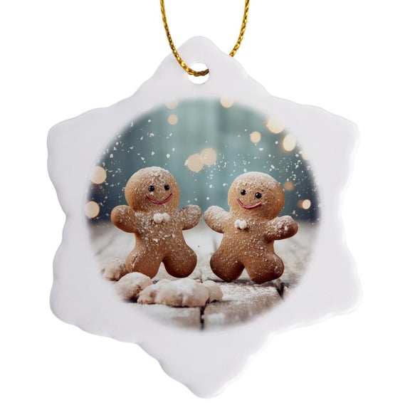 3drose, a Pair of Smiling Gingerbread Men on a Table in Powdery Snow., 3 inch Snowflake Porcelain Ornament