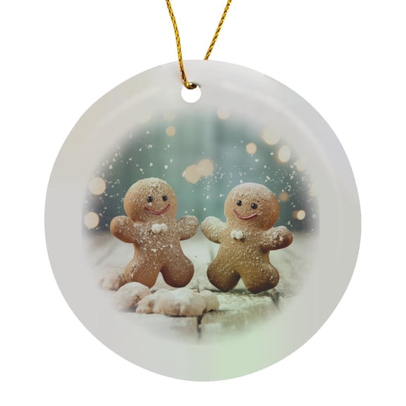 3drose, a Pair of Smiling Gingerbread Men on a Table in Powdery Snow., Circle Porcelain Ornament
