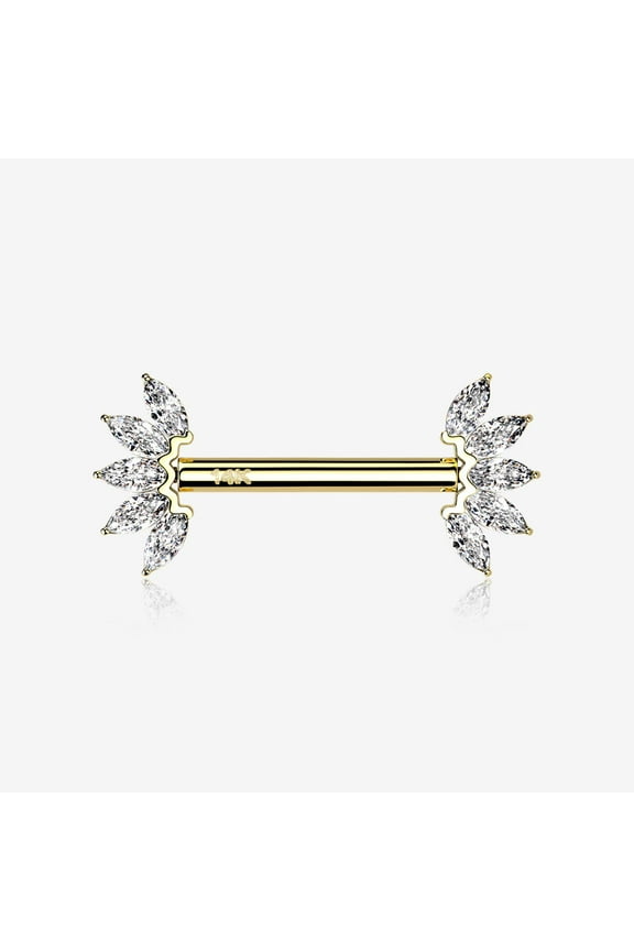 A Pair of 14 Karat Gold OneFit Threadless Marquise Sparkle Floral Nipple Barbell