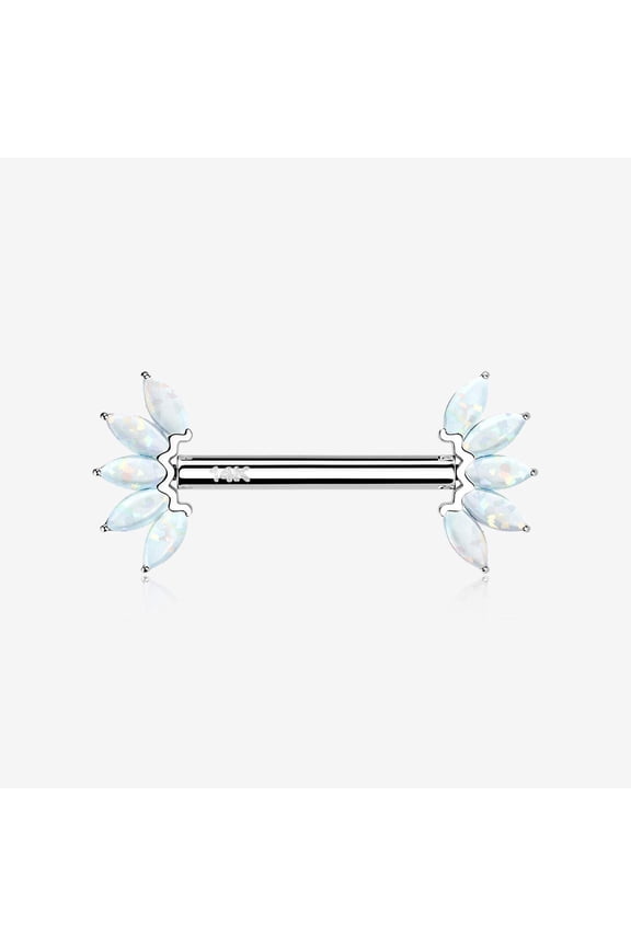 A Pair of 14 Karat White Gold OneFit Threadless Marquise Fire Opal Floral Nipple Barbell