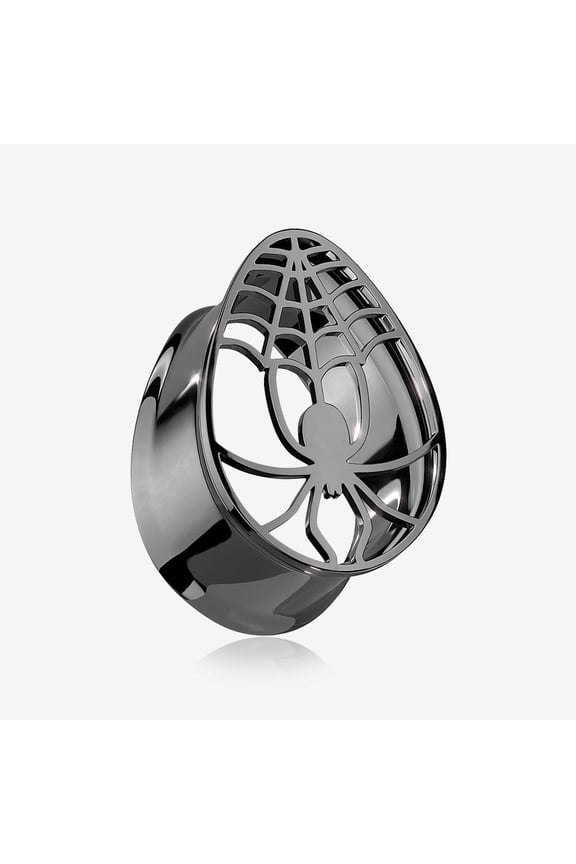 A Pair of Blackline Spider Webbed Teardrop Hollow Steel Tunnel Plug