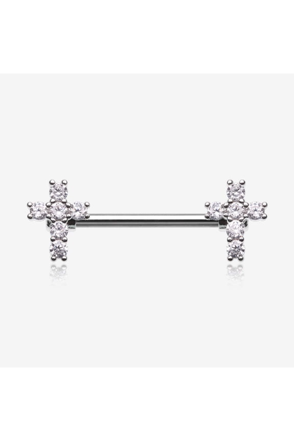 A Pair of Brilliant Sparkle Cross Multi-Gem Nipple Barbell