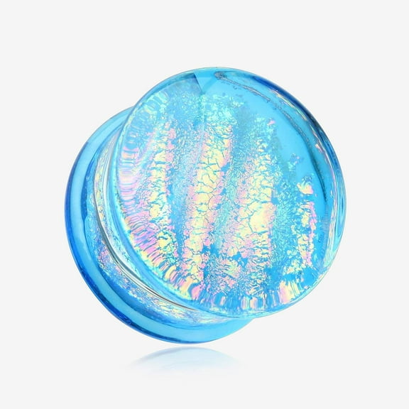 A Pair of Dichroic Glass Aqua Rainbow Iridescent Double Flared Plug