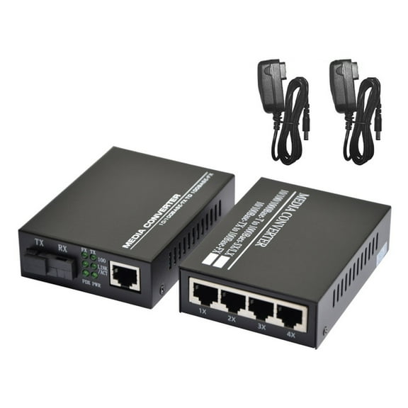 A Pair of Ethernet Fiber Optical Media Converter 10/100M SC Port 3km to RJ45 Port Optical Transceiver, 1*SC Fiber Port, 4* RJ45 Port