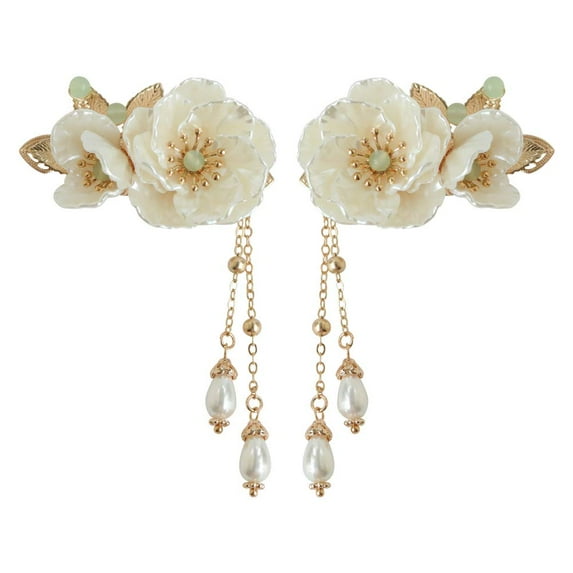 A Pair of Flower Chinese Duckbill Hair Clips for Women Kimono Pearl Floral Accessories Vintage White Plum Gold Barrettes