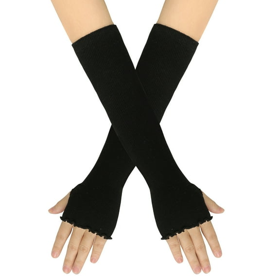 A Pair of Gloves Black Cotton Women Winter Fingerless Gloves Thumb Holes for Half Finger Mittens Fingerless Stretchy Warm Long Gloves