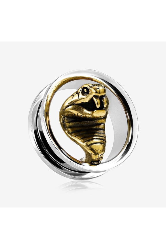 A Pair of Golden Antique Cobra Steel Screw-Fit Tunnel Plug