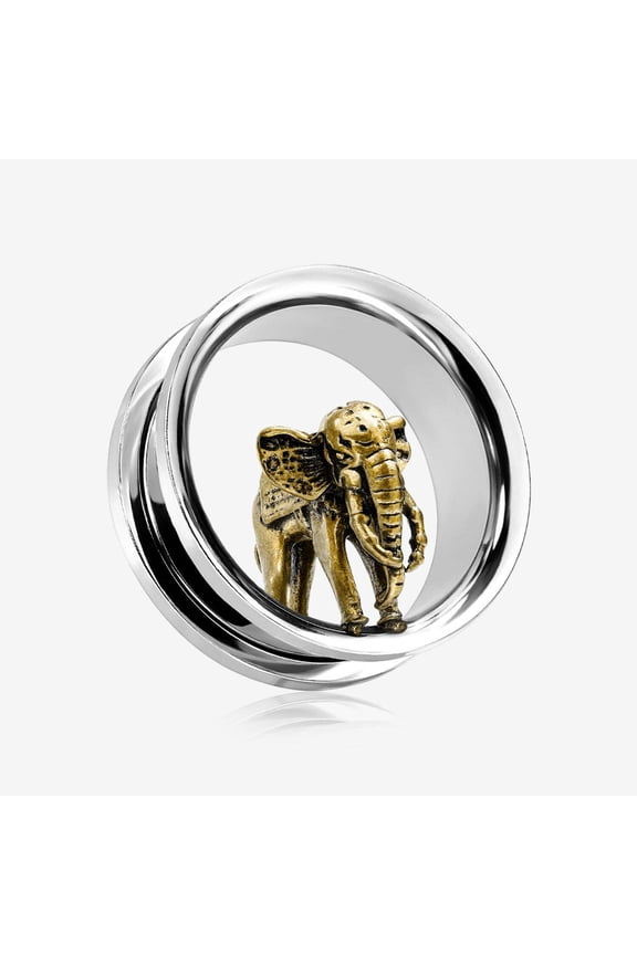 A Pair of Golden Antique Elephant Steel Screw-Fit Tunnel Plug