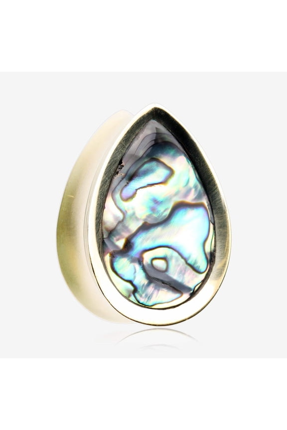 A Pair of Golden Brass Bali Abalone Inlay Teardrop Double Flared Plug