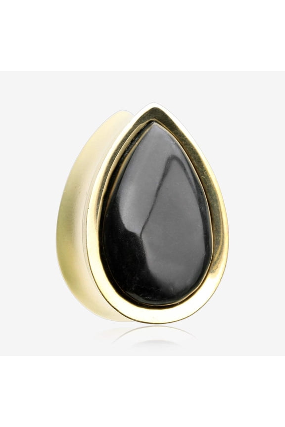 A Pair of Golden Brass Bali Black Onyx Stone Inlay Teardrop Double Flared Plug