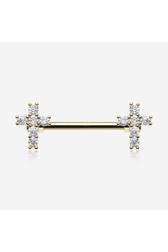 A Pair of Golden Brilliant Sparkle Cross Multi-Gem Nipple Barbell
