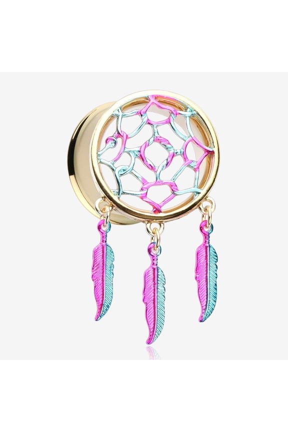A Pair of Golden Dreamcatcher Feather Dangle Steel Ear Gauge Plug