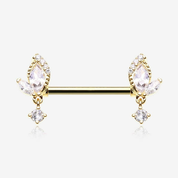 A Pair of Golden Elegant Marquise Leaflet Dangle Sparkle Nipple Barbell
